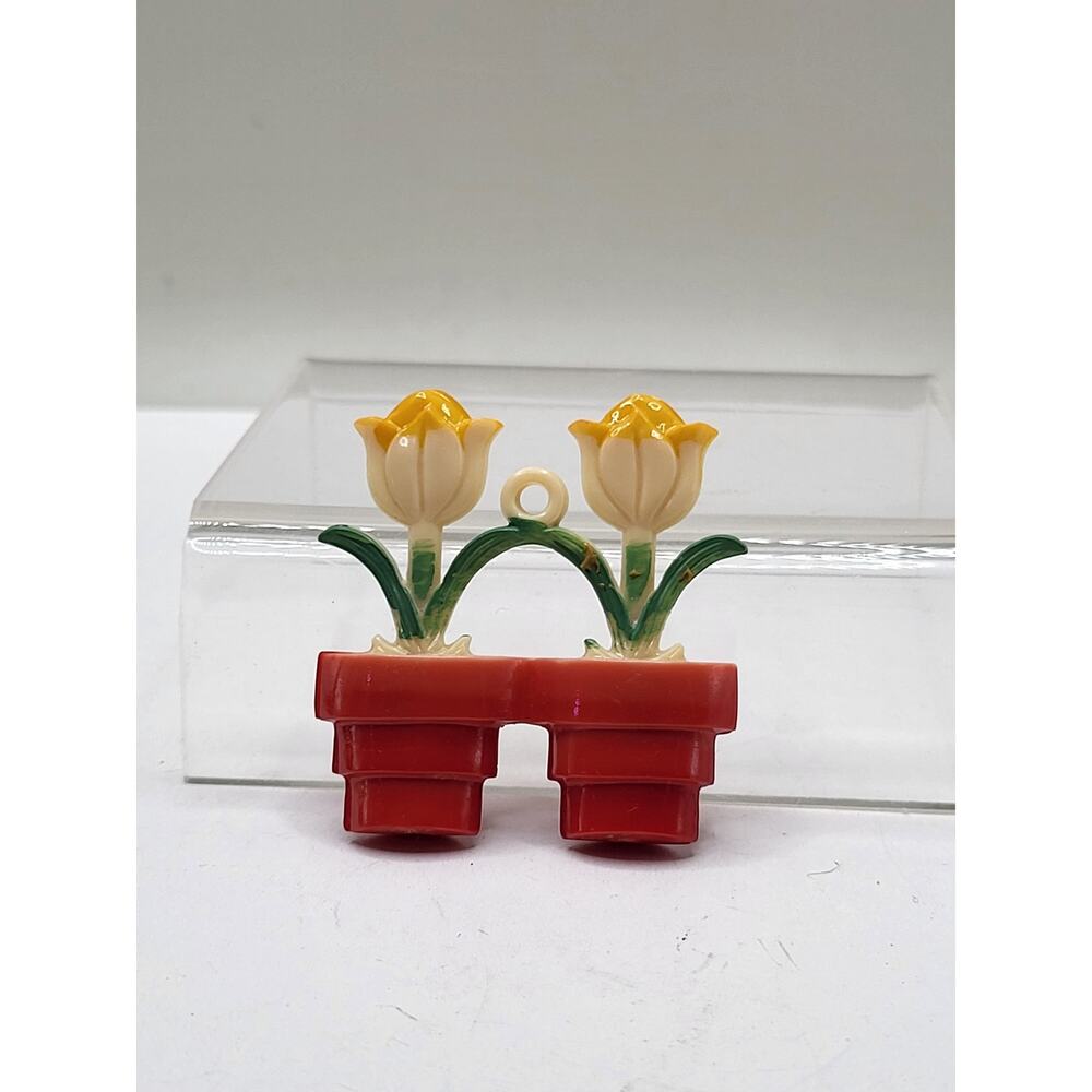 Vintage Tulip Flowerpot Pendant Charm Yellow Flowers Retro Plastic 1.5 Inch